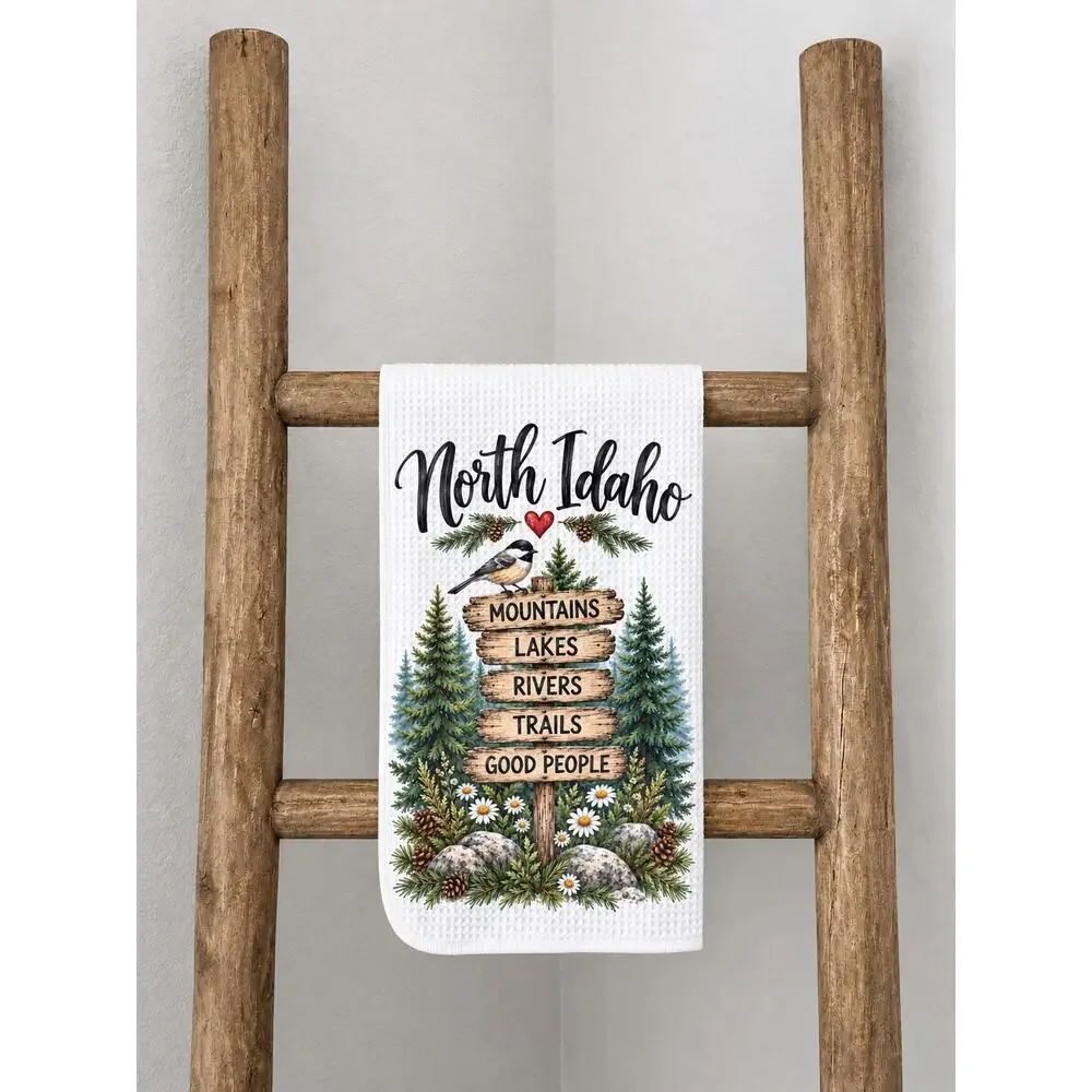 North Idaho Mountains Lakes Rivers Trails Kitchen Towel Rustic Cabin Decor